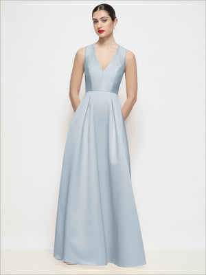 Light blue satin sleeveless V-neck maxi dress with pleated skirt and gathered waist, centered front.