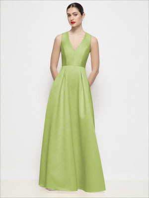 Lime green satin V-neck sleeveless maxi dress with gathered pleated skirt