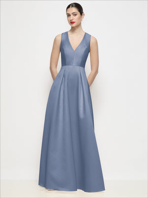 Periwinkle blue satin maxi dress with sleeveless V-neck and pleated full skirt