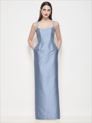 Powder blue satin maxi dress with spaghetti straps, square neckline, smooth column silhouette