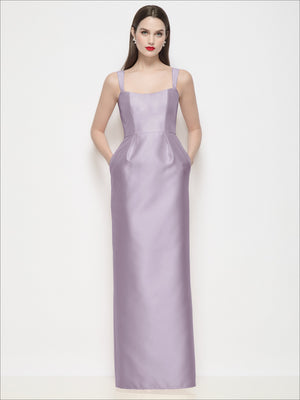 Lilac satin maxi dress with thin straps, square neckline, shaped waist, column skirt