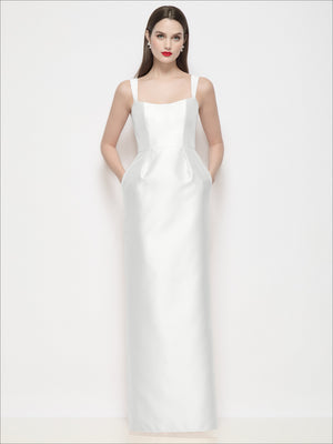 Ivory satin maxi dress with shaped basque bodice, thin straps, column skirt
