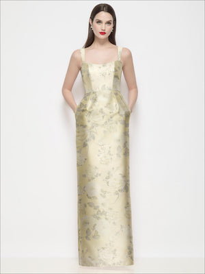 Gold satin maxi dress with subtle floral print, shaped bodice and column skirt