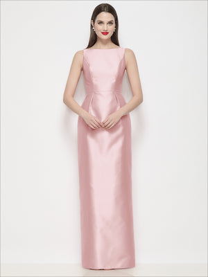 Satin maxi dress with bateau neckline and pleated column skirt, light pink