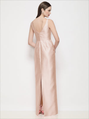 Champagne pink satin maxi dress, back view, bateau neckline with pleated column skirt