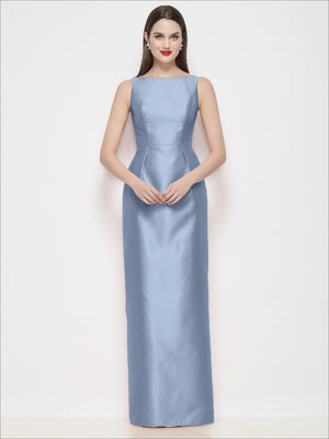 Light blue satin maxi dress, sleeveless bateau neck with sculpted waist