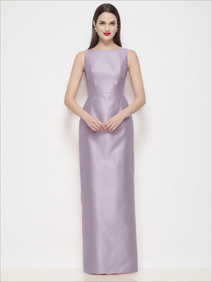 Lilac satin maxi dress with bateau neckline and pleated column skirt
