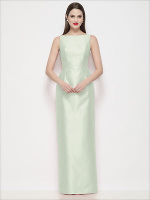 Satin maxi dress with bateau neckline and pleated column skirt, mint green