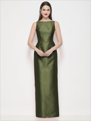 Olive satin maxi dress with bateau neckline and fitted pleated column skirt