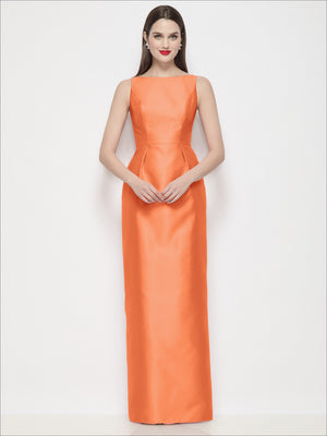 Orange satin maxi dress with bateau neckline and fitted pleated column skirt