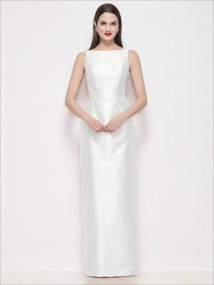 Ivory satin maxi dress with sleeveless bateau neck, fitted waist and column skirt