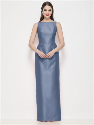 Cobalt blue satin maxi dress with sleeveless bateau neckline, fitted waist and column skirt
