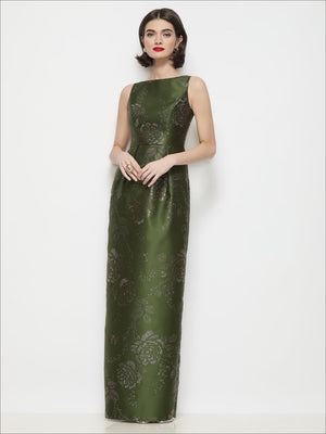 Olive green satin maxi dress with bateau neckline, embossed gilt floral pattern