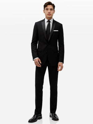 Black slim tuxedo jacket with satin notch lapels, pocket square and two-button front