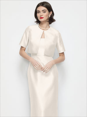 Ivory satin cropped jacket with jewel neckline and short sleeves, front view