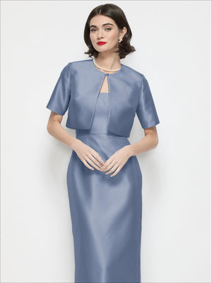 Blue satin cropped jacket with jewel neckline and short sleeves, short cropped fit