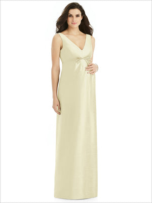 Sleeveless satin twill maternity dress in ivory, V-neck with ruched waist tie