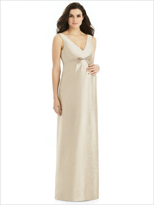 Ivory sleeveless satin maternity dress with V-neck and side tie waist