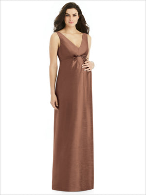 Brown sleeveless satin maternity dress with V-neck and side tie waist