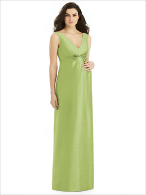 Maternity satin twill dress, sleeveless lime green V-neck with tie at bust