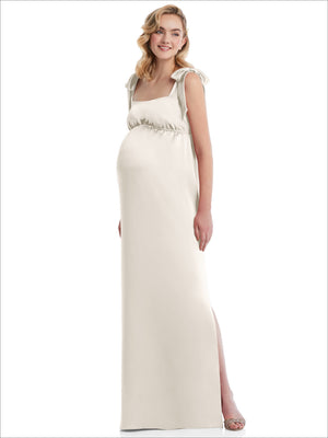 Ivory maternity maxi dress with tie shoulders and ruffled empire waist panel