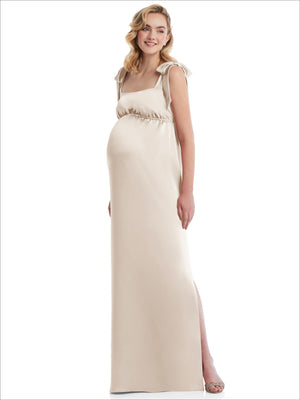 Ivory maternity maxi dress with flat tie shoulders and empire waist ruching