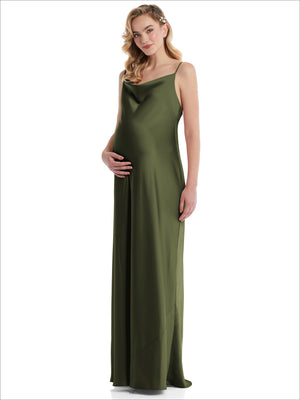 Olive green cowl-neck maternity slip dress with spaghetti straps and draped neckline