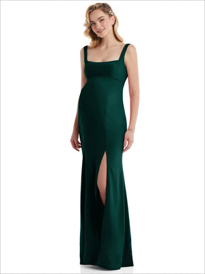 Deep green square-neck maternity trumpet gown with wide straps and front slit