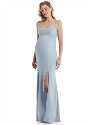Powder blue maternity trumpet gown with wide straps, square neckline, side slit