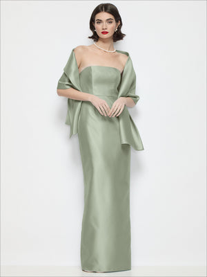Satin wrap stole, sage green off-shoulder drape with wide cape sleeves