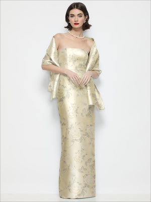Floral satin wrap stole in pale gold floral, draped over shoulders with short sleeves