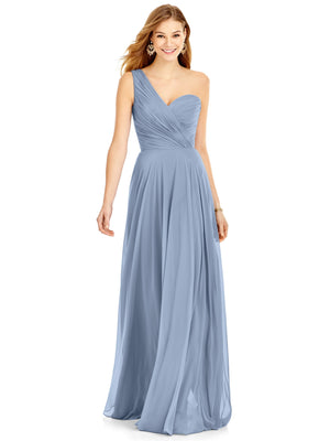 One-shoulder chiffon maxi dress in dusty blue with draped, ruched bodice