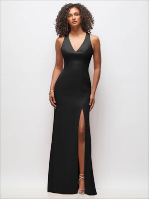Black maxi dress with V-neck, criss-cross cutout back, and front slit
