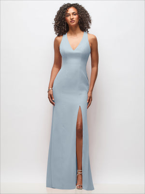 Blue maxi dress with V-neck, sleeveless cut, and front slit