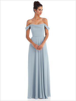 Off-the-shoulder draped maxi dress in light blue-gray, off-shoulder neckline, full length
