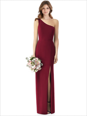 One-shoulder crepe trumpet gown with front slit, rich burgundy red
