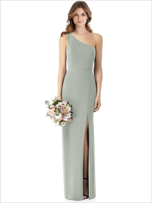 Sage green one-shoulder crepe trumpet gown with front slit