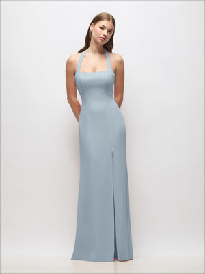 Powder blue open-back halter trumpet gown with tie straps and side slit