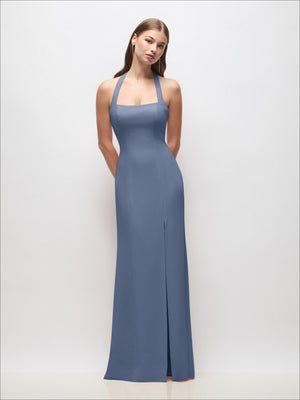Blue tie halter open-back trumpet gown with straight neckline and floor-length hem