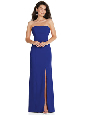 Blue strapless maxi dress with sweetheart neckline and front leg slit.