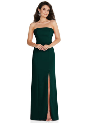 Evergreen strapless maxi dress with front leg slit, fitted bodice.
