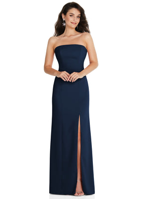 Midnight navy strapless maxi dress with front leg slit and smooth fitted skirt.