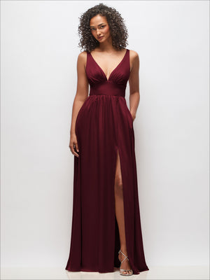 Deep V-neck shirred maxi dress with convertible straps, sleeveless, front slit, burgundy