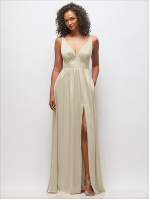 Ivory deep V-neck maxi dress with shirred waist and convertible spaghetti straps