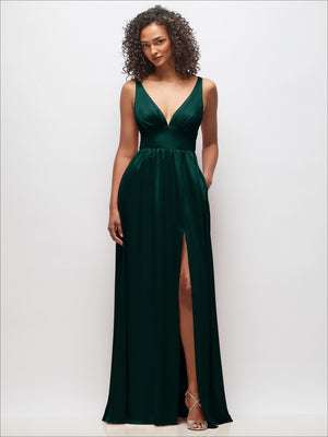 Emerald green deep V-neck maxi dress with shirred bodice and floor-length skirt