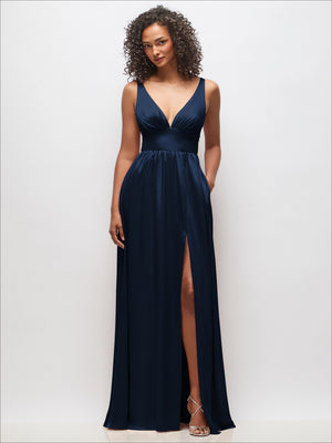 Navy blue deep V-neck maxi dress with shirred waist, convertible straps, and side slit