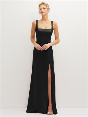 Square-neck satin A-line maxi dress in black with thin straps and front slit
