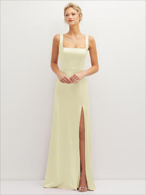 Square-neck satin A-line maxi dress with front slit, light yellow