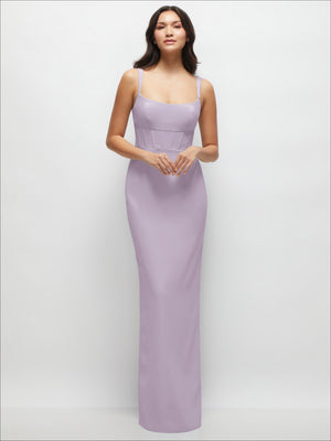 Lilac maxi dress with corset bodice, spaghetti straps, and long column skirt
