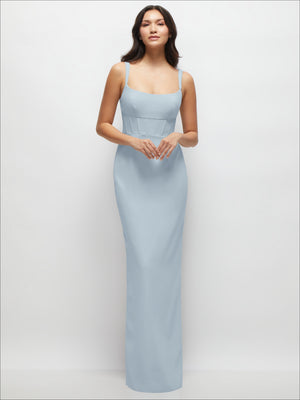 Light blue corset-style column maxi dress with spaghetti straps and front slit hem.